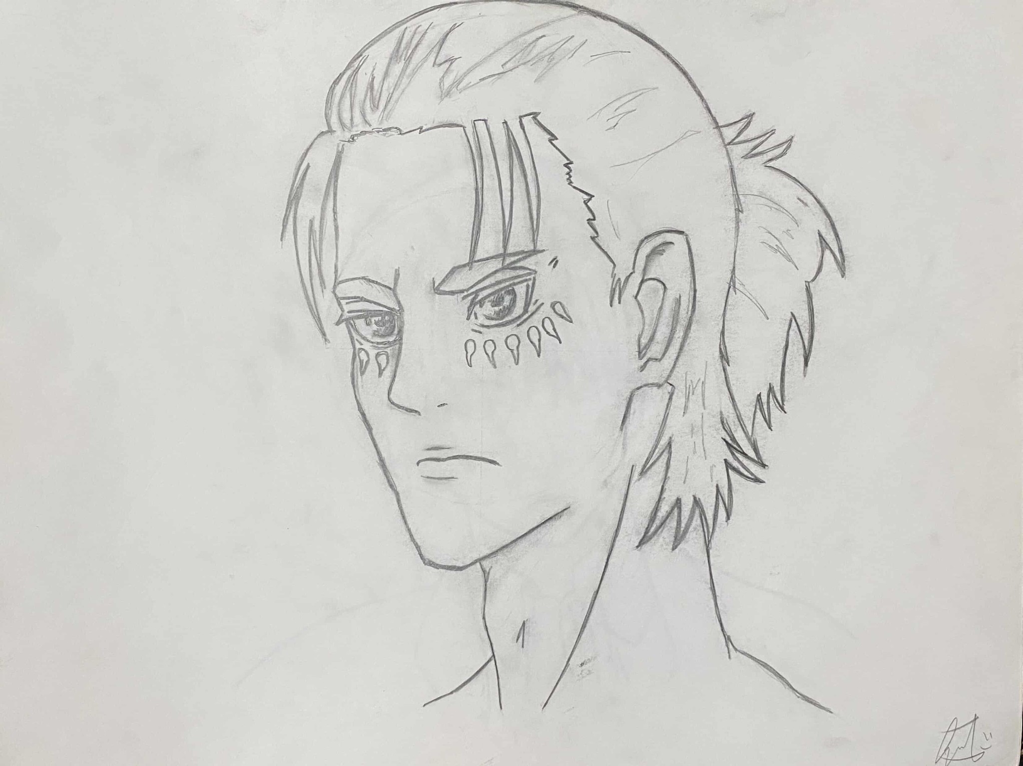 Drawing of Eren Yeager, main character of an anime TV show called attack on titan.